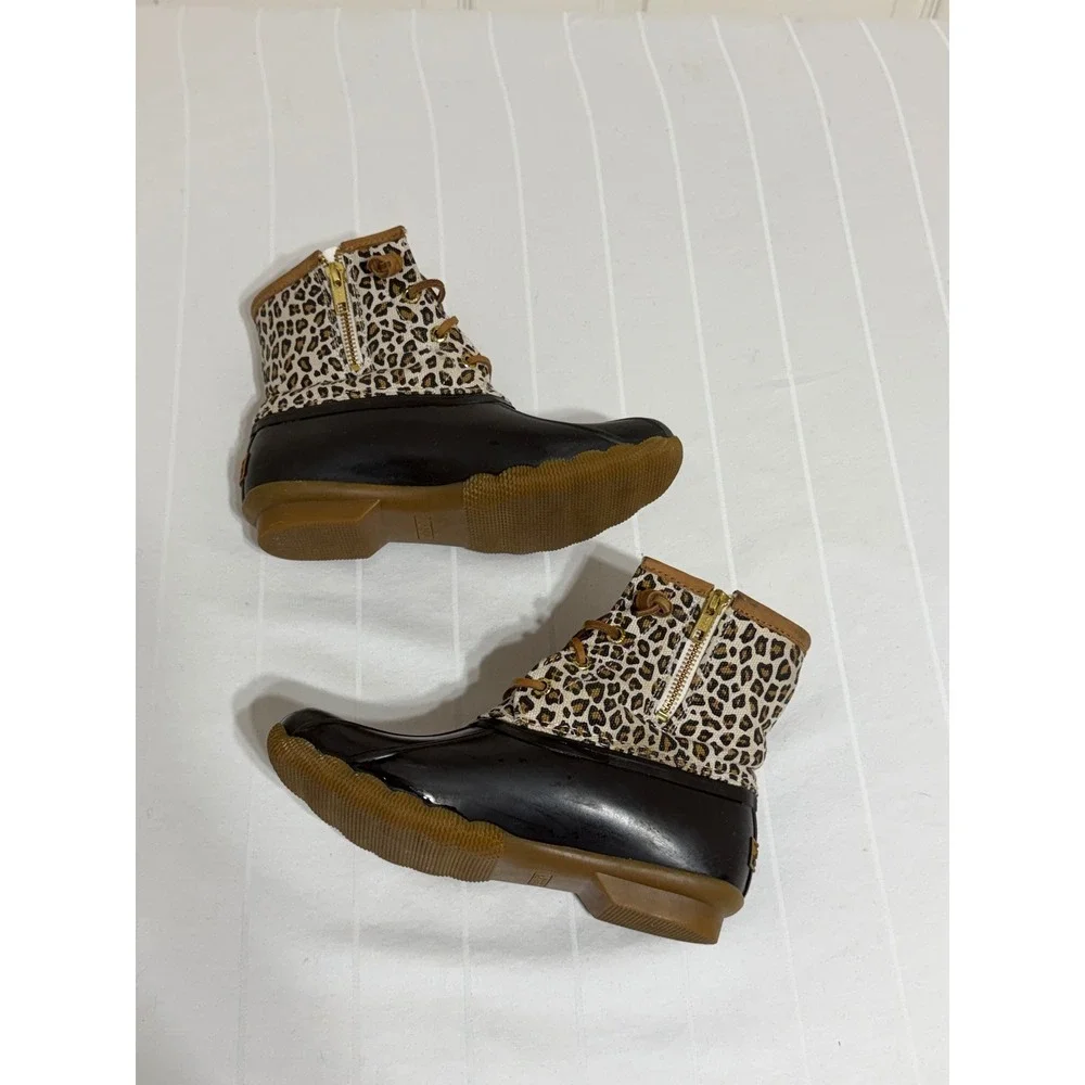 Sperry Saltwater Leopard Print Duck Boots Black Tan Womens 6 STS85919